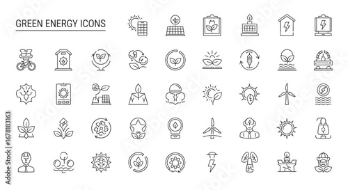 Renewable energy sources depicted in minimalist line art style, representing sustainable solutions for a greener future with clean technology and ecofriendly practices.