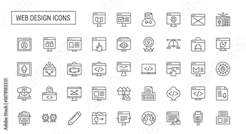 Collection of web development elements displayed as outline symbols representing coding, interface and user experience on a white surface, clean and modern.