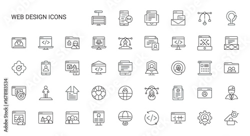 Collection of outline web development symbols displayed on white, representing digital tools for internet creation and coding, conveying a modern, minimalist theme.