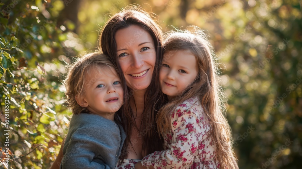 Obraz premium Smiling Mother with Two Children in Green Park at Sunset