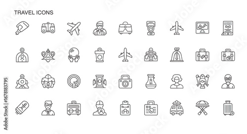 Line art travel symbols representing various modes of transportation and tourist activities for vacation planning and tourism promotions.