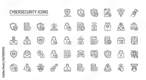 Cybersecurity elements depicted as thin line art symbols representing data protection and network security in a modern, minimalist style.