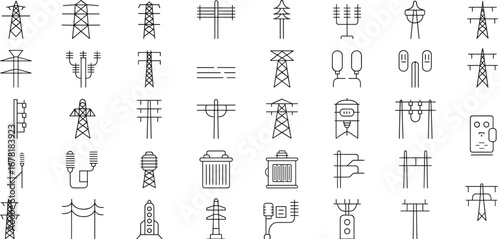 Electrical transmission tower icons, utility poles, power lines, insulators, infrastructure, energy distribution, electricity grid, high voltage, engineering, silhouette set, flat vector illustration