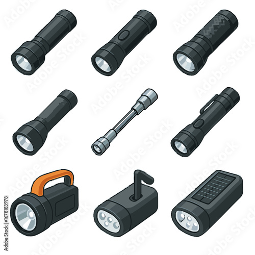 Light torch telescopic rubber vector fiber plastic body icon aluminium grip
