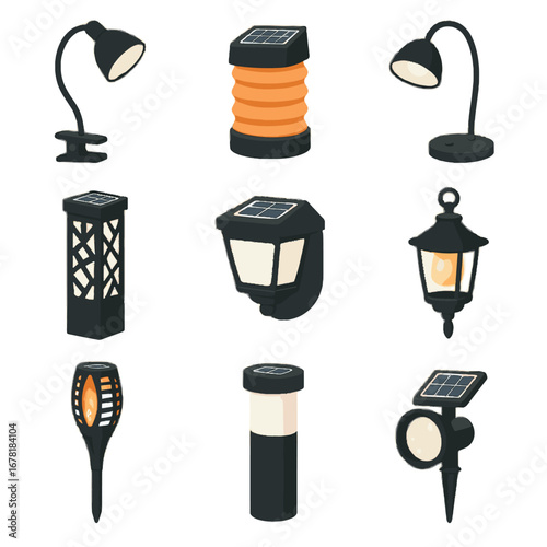 Design solar garden lantern camping wall frosted lamp light vector icon flexible