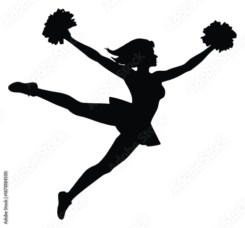 Silhouette of a female cheerleader in mid air with pom poms