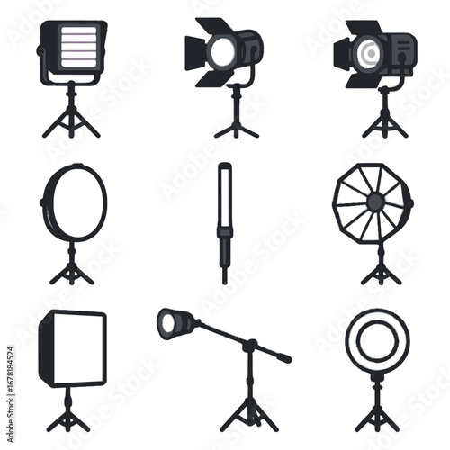 Portable studio stick lightweight fresnel reflector light vector narrow floodlight icon long