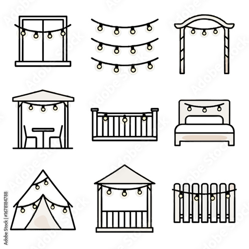Fence collection patio icon bedroom lights fairy vector indoor balcony tent