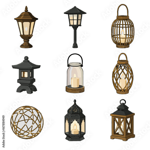 Hurricane garden lantern bronze wooden bamboo post japanese icon vector light collection