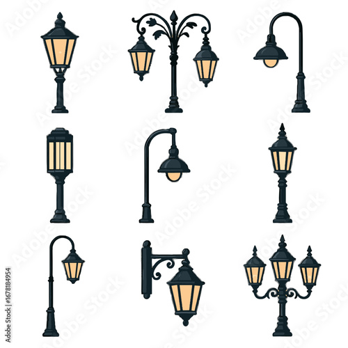 Icon street iron floral lantern lamp hanging pathway art vector collection