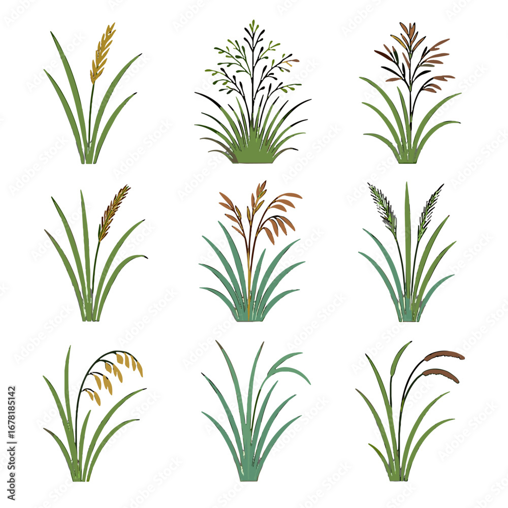 Fototapeta premium Bluestem side needlegrass prairie vector grass icon oats siberian meadow indian