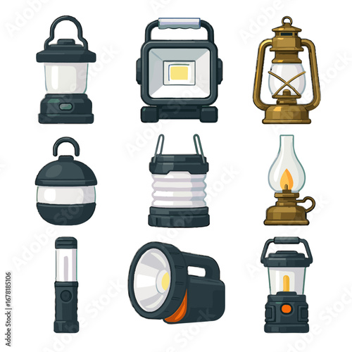 Rugged lantern lamp oil camping portable vintage vector mini led collection icon