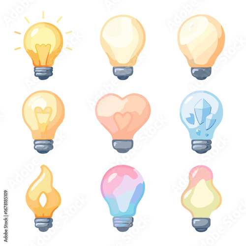 Vector lamp artistic diverse bulb gradient filament decorative sculpted icon set collection