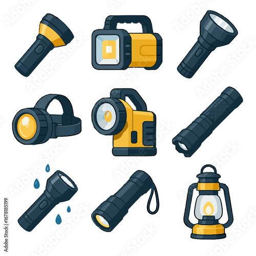 Handheld lantern headlamp torch rechargeable vector icon tactical camping light flashlight