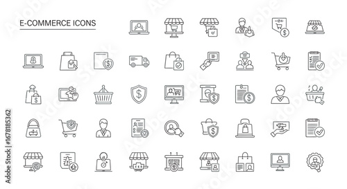 Ecommerce line art depicting online shopping experience with payment methods and delivery options on white backdrop, conveying modern retail.
