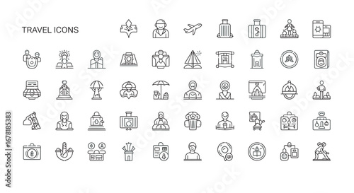 Outline travel symbols representing various modes of transportation, accommodations, and activities against a clean white canvas, evoking a sense of wanderlust and exploration.