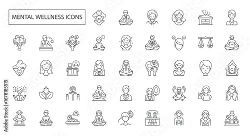 Collection of mental wellness line art symbols representing mindfulness, meditation, and selfcare on a clean white backdrop, promoting inner peace and tranquility.