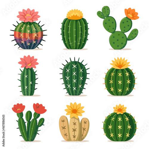 Pink flowering hybrid icon desert cactus set hedgehog prickly vector golden