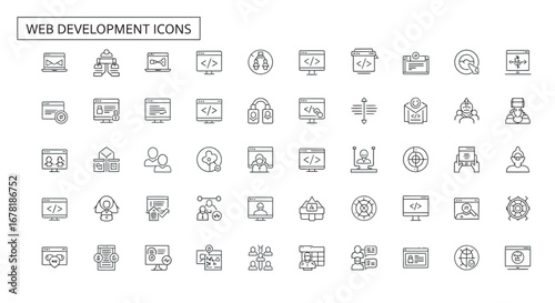 Web development elements displayed as line art representing coding, user interface, and networking in a clean and modern style.