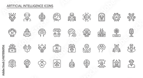 Artificial intelligence concepts represented through minimalist line art symbols showcasing machine learning, neural networks, and robotic automation in a modern technological context.