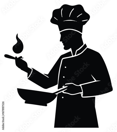 Chef silhouette preparing food in pan with toque for culinary industry