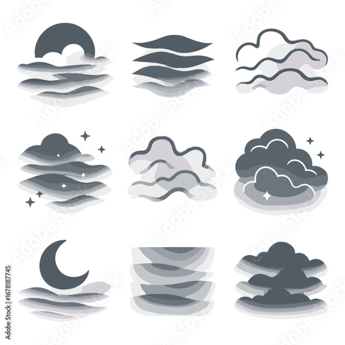 Nighttime vector icons mist haze gradient layered nocturnal moon icon crescent layering