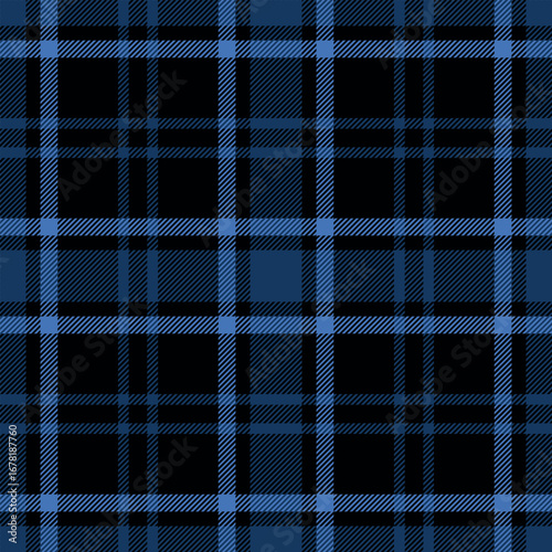 Seamless blue color check pattern. Repeating patern plaid. Checkered design for prints. Repeated tartan fabric. Vector scottish fabriс. Ekose texture. Madras flannel. Checker line. Stripe gingham