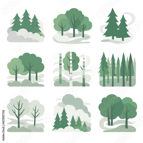 Foggy woodland soft icons vector forest fog haze vapor through icon behind