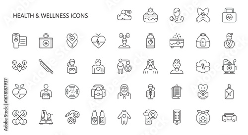 Collection of wellness symbols arranged in neat rows representing various health and selfcare practices on a clean white backdrop, conveying a sense of wellbeing.