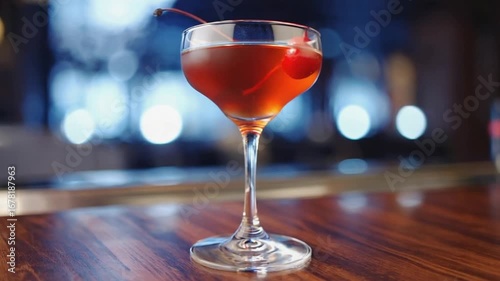 Craft cocktail swirling in elegant glass on bar top, ready to be served