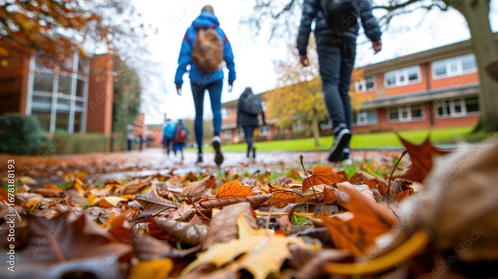 Fototapeta premium Students walking on a school campus path covered with vibrant autumn leaves in fall
