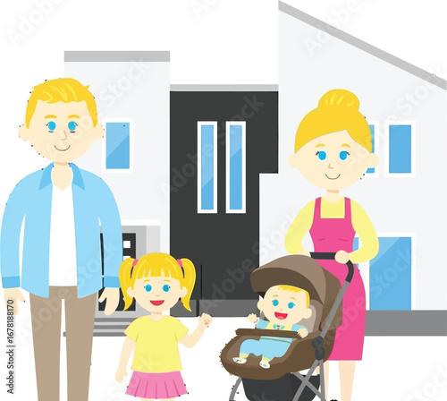 Happy family with baby in stroller outside their modern home, embracing a bright future together