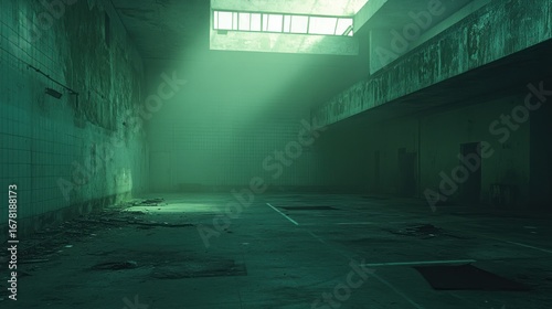 Mysterious abandoned building interior with sunlight shining through the opening creating a