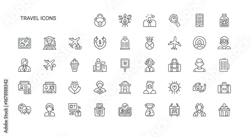 Collection of travel related symbols arranged on white backdrop representing tourism, journey, and exploration, conveying a sense of adventure and discovery.