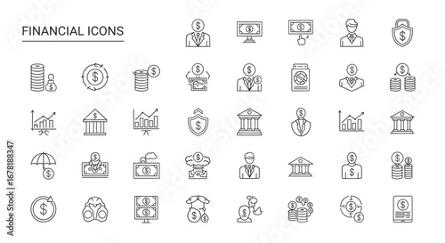 Financial symbols representing banking and investment displayed as thin line art on a white backdrop, conveying a sense of modern simplicity.