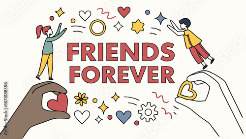 Happy Friends Forever Illustration:  Cartoon children joyfully sharing hearts, playful line art style, positive and heartwarming mood, ideal for friendship, childhood, and togetherness themes.