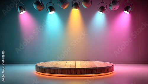 Round wooden stage lit by colorful spotlights