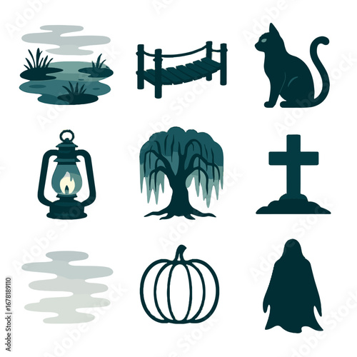 Eerie vector foggy haunted outline lantern bridge black pumpkin icon pale fog