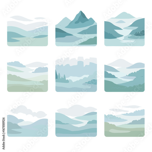 Pale soft valley meadow gentle mist icons ridge fog haze folds icon