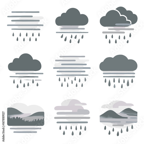 Wet icons fog drizzle mountains vector icon over mist rainy misty soft