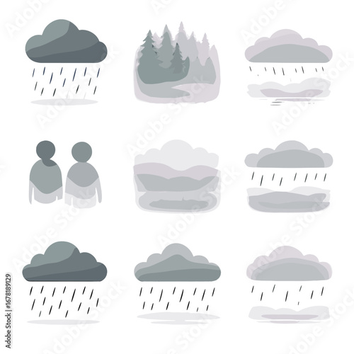 Clouds icon across rainy vector damp drizzle haze icons soft fog mist