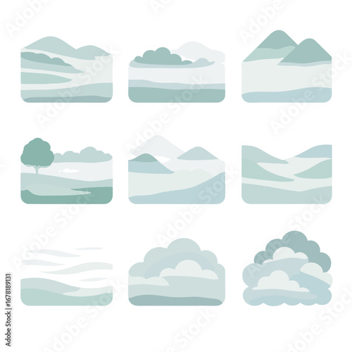 Atmospheric mist icon light fog clouds hugging vector slopes haze valley icons