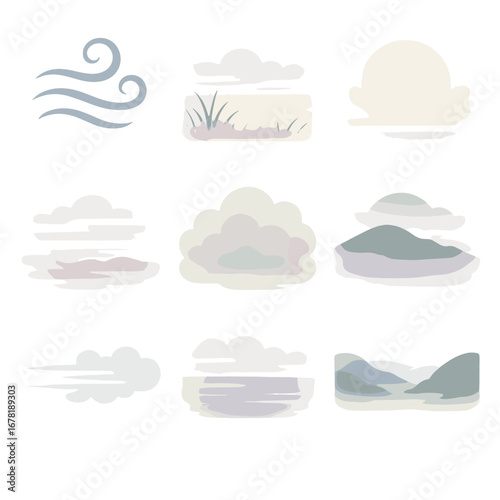 Valley morning golden water icons fog soft bank vector icon silhouette haze