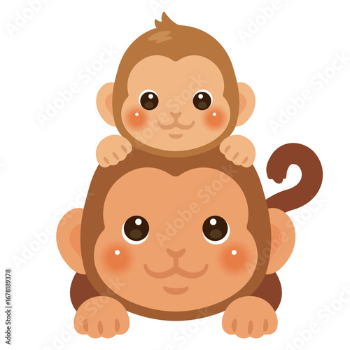 うつ伏せになった親子のサルのイラスト