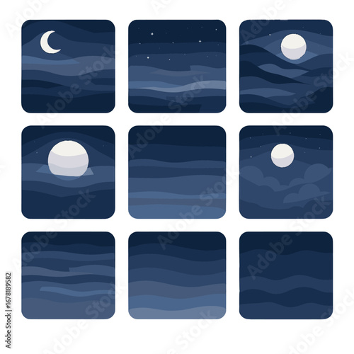 Starry nighttime moonlit vector outlines dreamy haze under icons icon mist bands