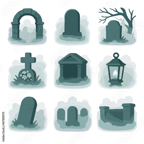 Glowing graveyard haze flowers tomb vector mist eerie silhouette icon fog visions