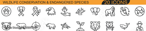 Set of wildlife and endangered species icons representing conservation efforts and biodiversity protection vector