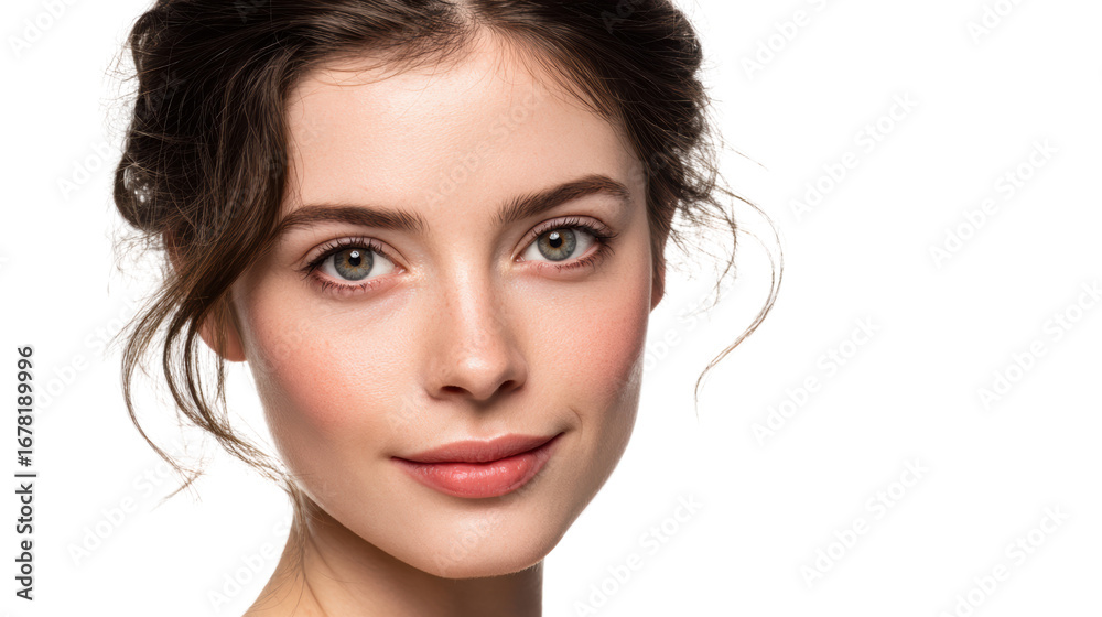 Fototapeta premium Portrait of a young woman with natural beauty and soft features on a white isolated background.