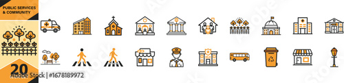 Public services and community building icons set representing government buildings and civic amenities vector