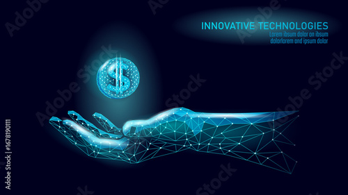 Polygonal hand holds dollar coin. Geometric arm presents currency digital finance art. Investment banking fintech stock trading business. Low poly blue dark vector illustration